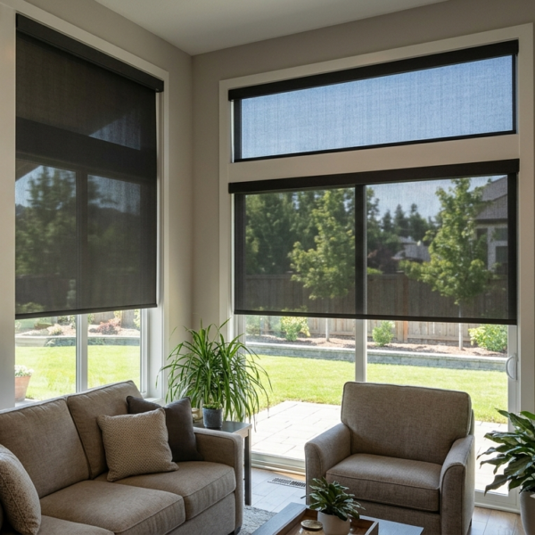Interior view of a residential solar screen installed on a large window in a clean modern room.