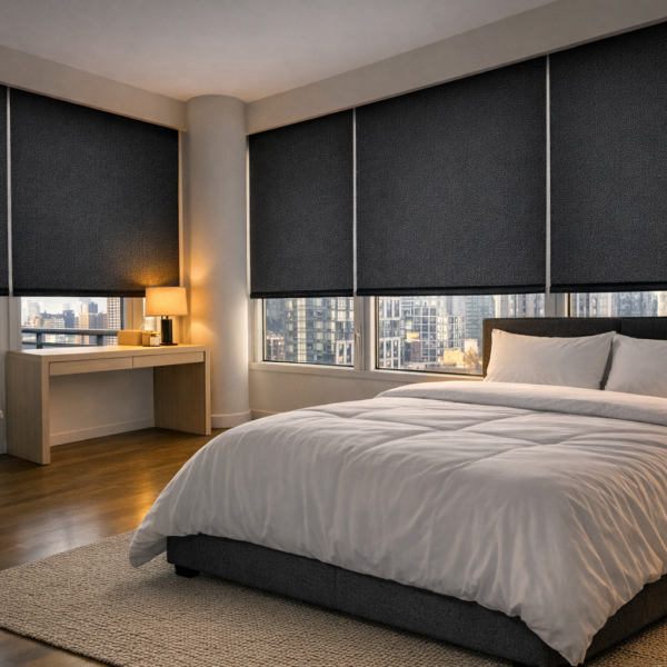 Modern bedroom with blackout roller shades halfway up allowing natural light and city view