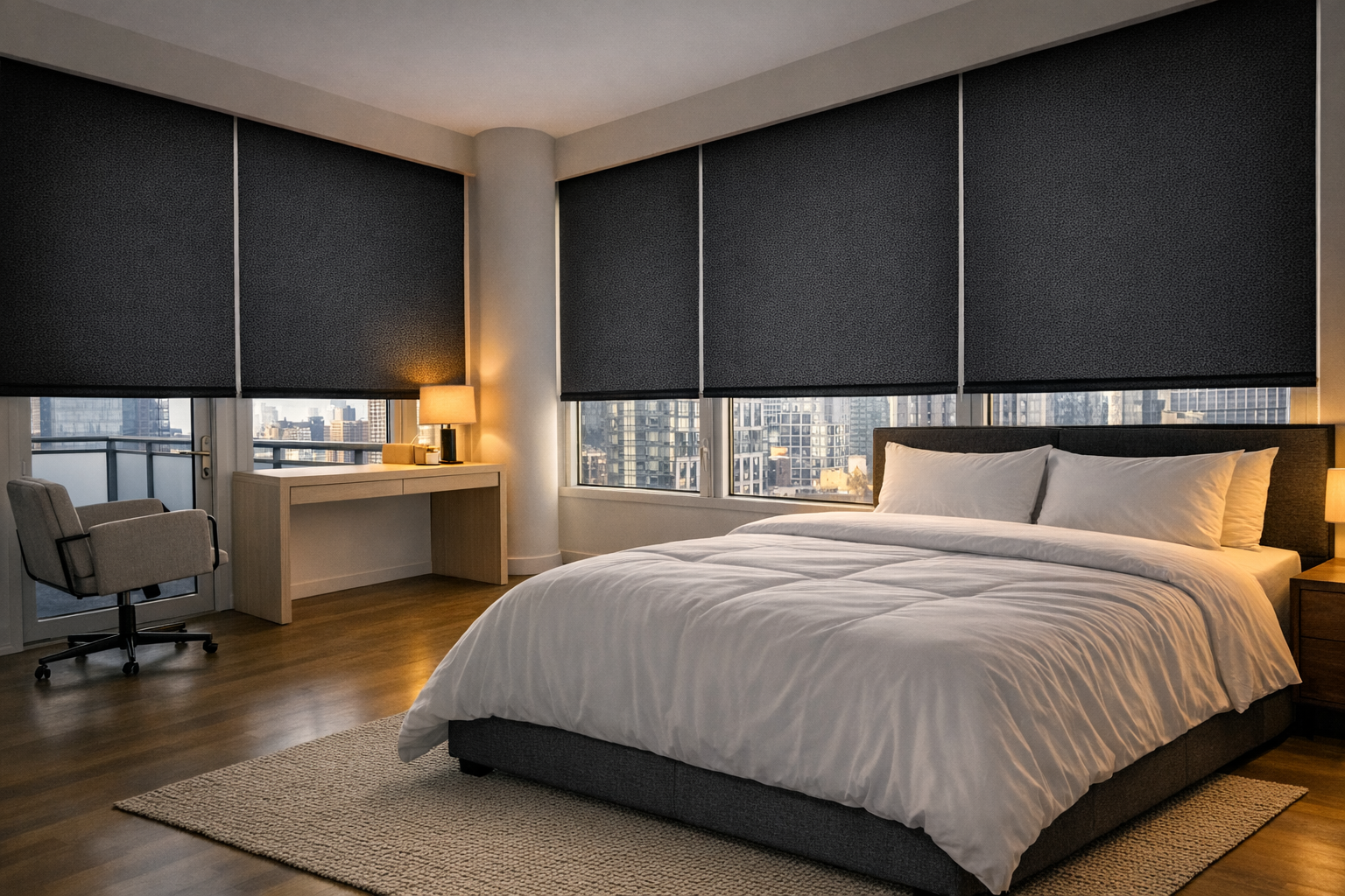 Modern bedroom with blackout roller shades halfway up allowing natural light and city view