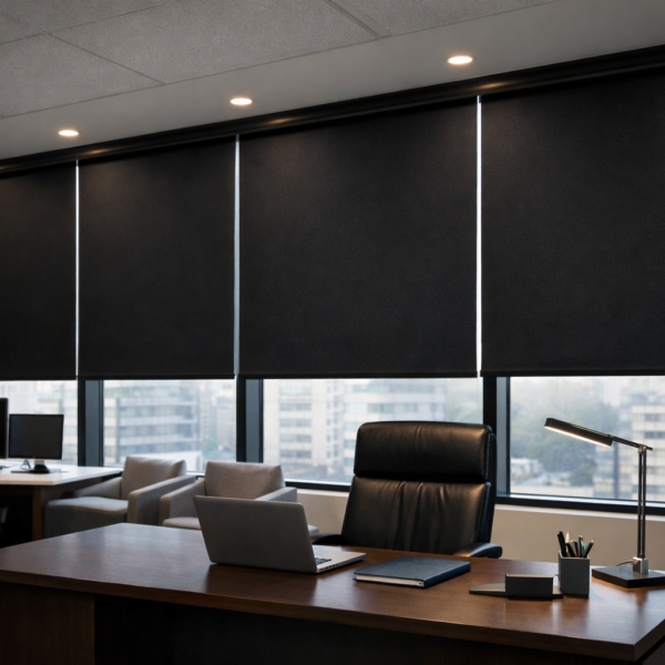 Modern office with large windows covered by black commercial blackout roller shades for total light control