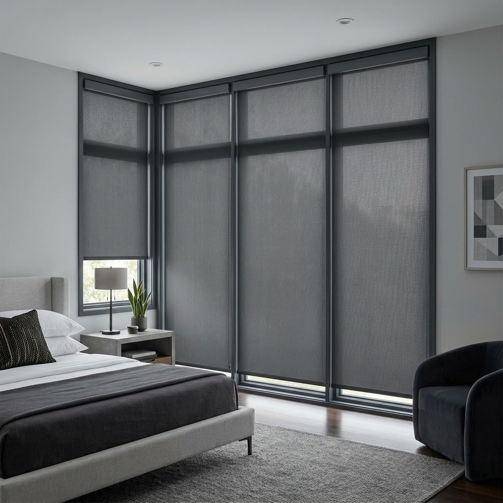 Custom charcoal grey privacy fabric roller shades drawn over large corner windows in a modern minimalist bedroom.