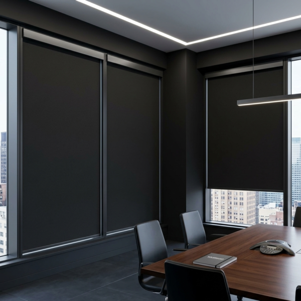Three Commercial Blackout Roller Shades installed in a NYC Office