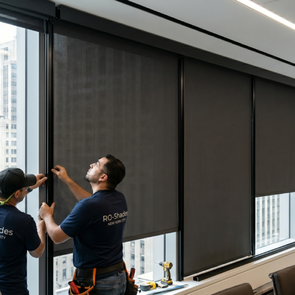 Commercial blackout roller shades by RO-Shades in a modern office building