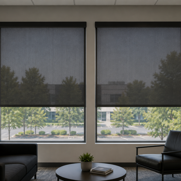Commercial solar screen roller shades installed on large office windows, front-facing view with two modern shades reducing glare while maintaining natural daylight and outdoor visibility