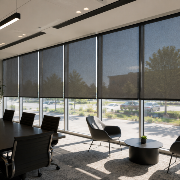 Commercial solar screens installed on large office windows in a modern conference room, reducing glare while maintaining outdoor visibility and natural light.