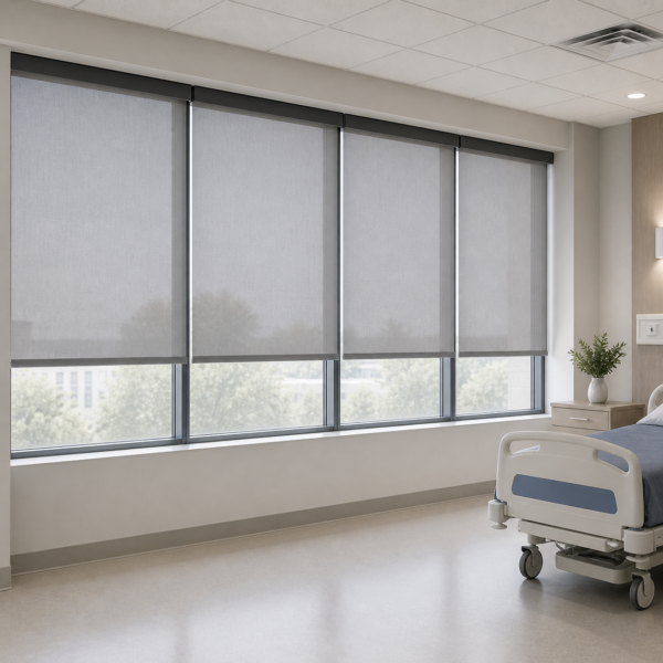 Healthcare facility with antimicrobial roller shades providing clean and hygienic light control