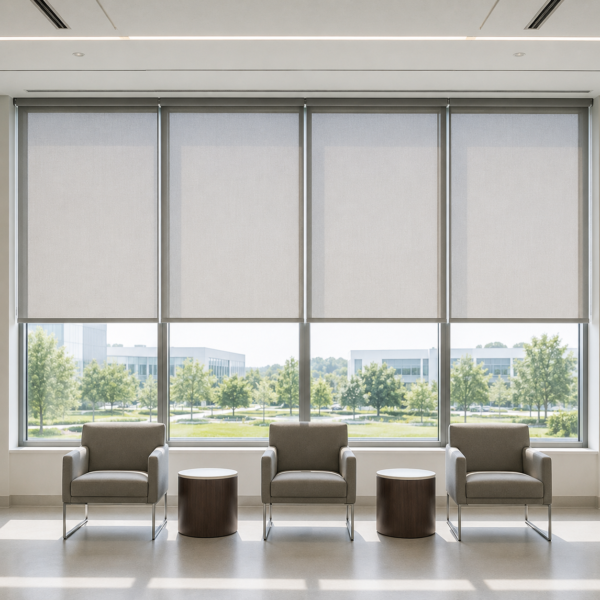 Commercial interior with NFPA 701 certified fire retardant roller shades ensuring safety compliance