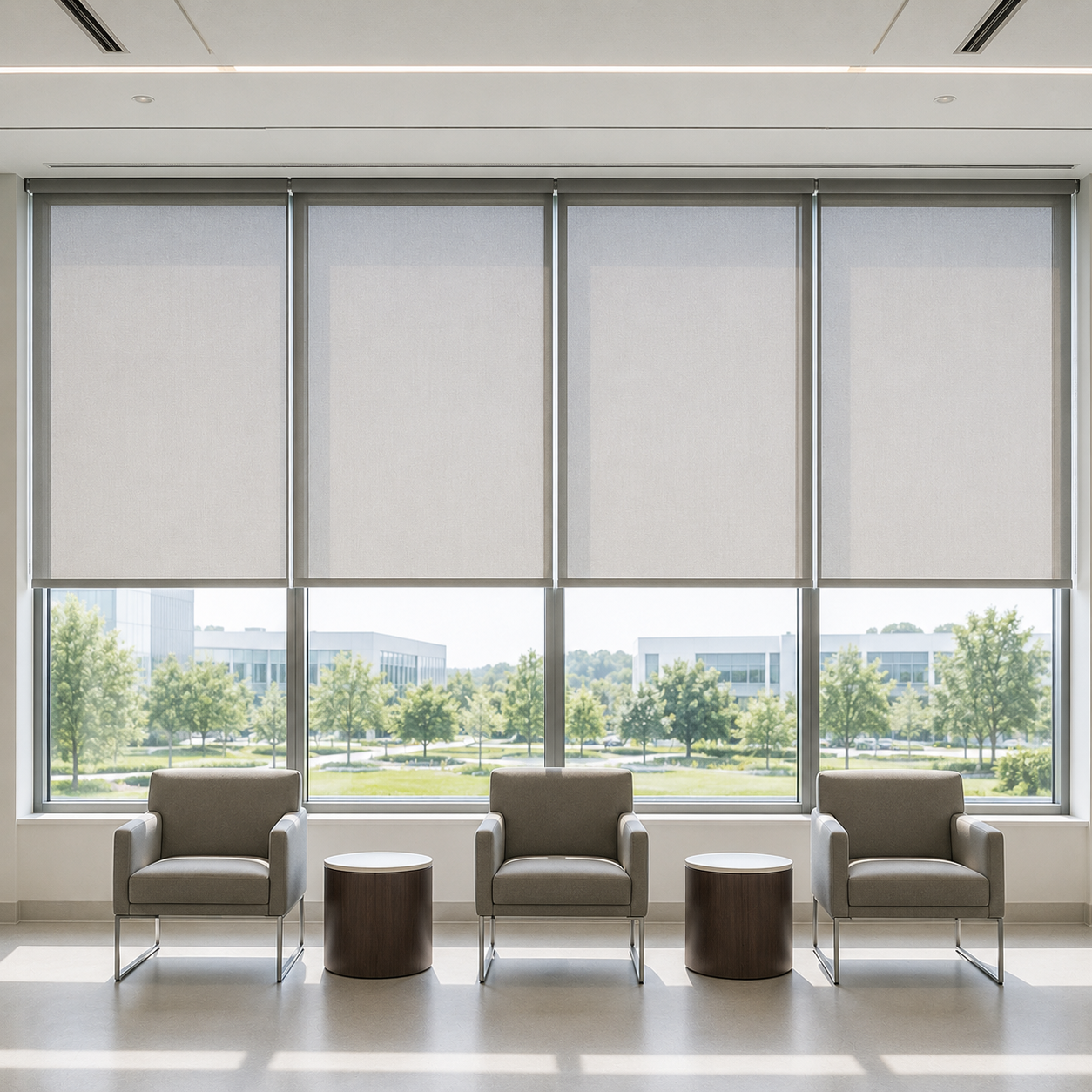 Commercial interior with NFPA 701 certified fire retardant roller shades ensuring safety compliance