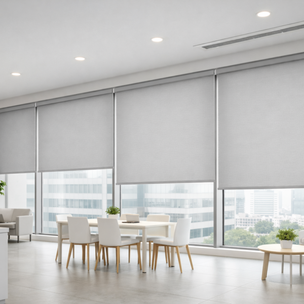 NFPA 701 certified fire retardant roller shades installed in a commercial office space with floor-to-ceiling windows