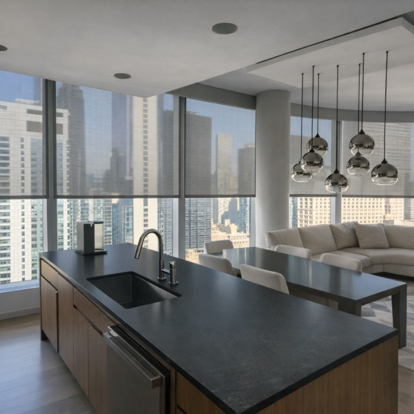 Modern NYC apartment with screen roller shades filtering sunlight over city skyline