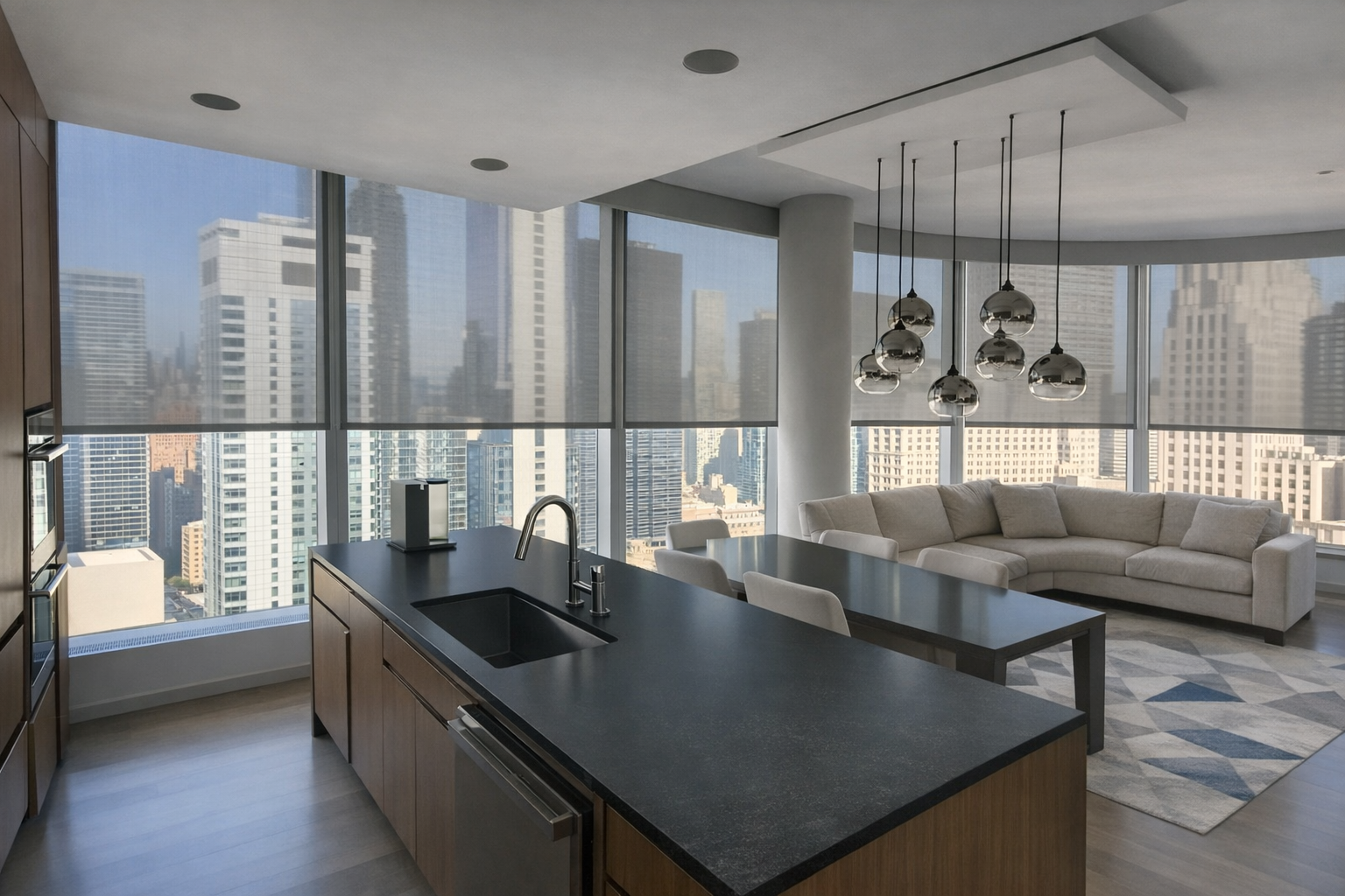 Modern NYC apartment with screen roller shades filtering sunlight over city skyline