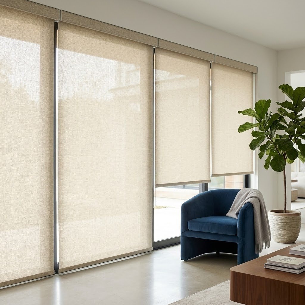 Modern living room with privacy roller shades filtering natural light