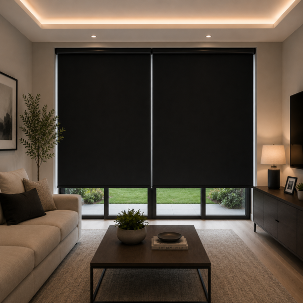 Modern bedroom with residential blackout roller shades installed on large windows, blocking light for enhanced privacy, sleep comfort, and room darkening.