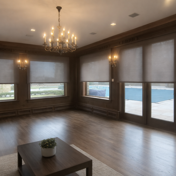 Elegant residential interior with light filtering roller shades diffusing sunlight through large windows