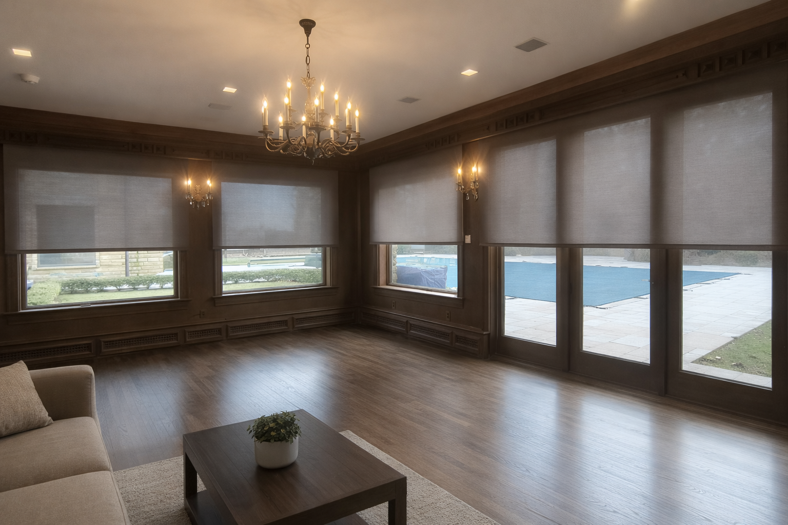 Elegant residential interior with light filtering roller shades diffusing sunlight through large windows