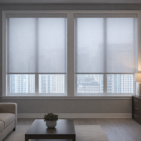 Modern living room with privacy roller shades filtering daylight and ensuring comfort
