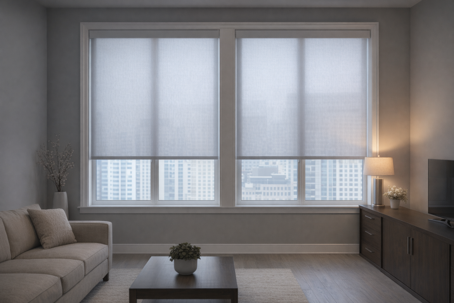 Modern living room with privacy roller shades filtering daylight and ensuring comfort