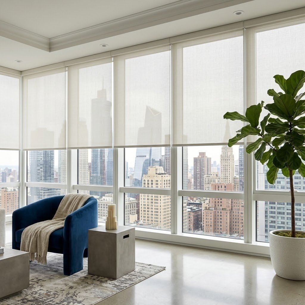 Custom white sheer roller shades drawn over floor-to-ceiling windows in a modern living room overlooking a city skyline.