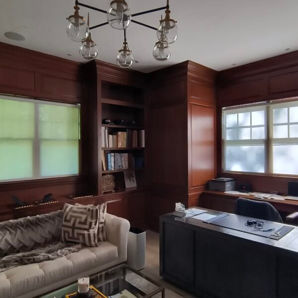 Fabric screen shade reducing daylight and softening window brightness