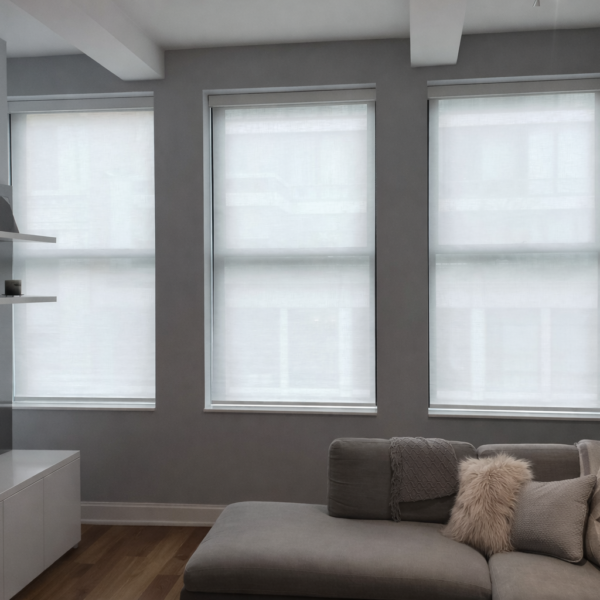 Modern living room with sheer roller shades filtering daylight, soft and elegant design.
