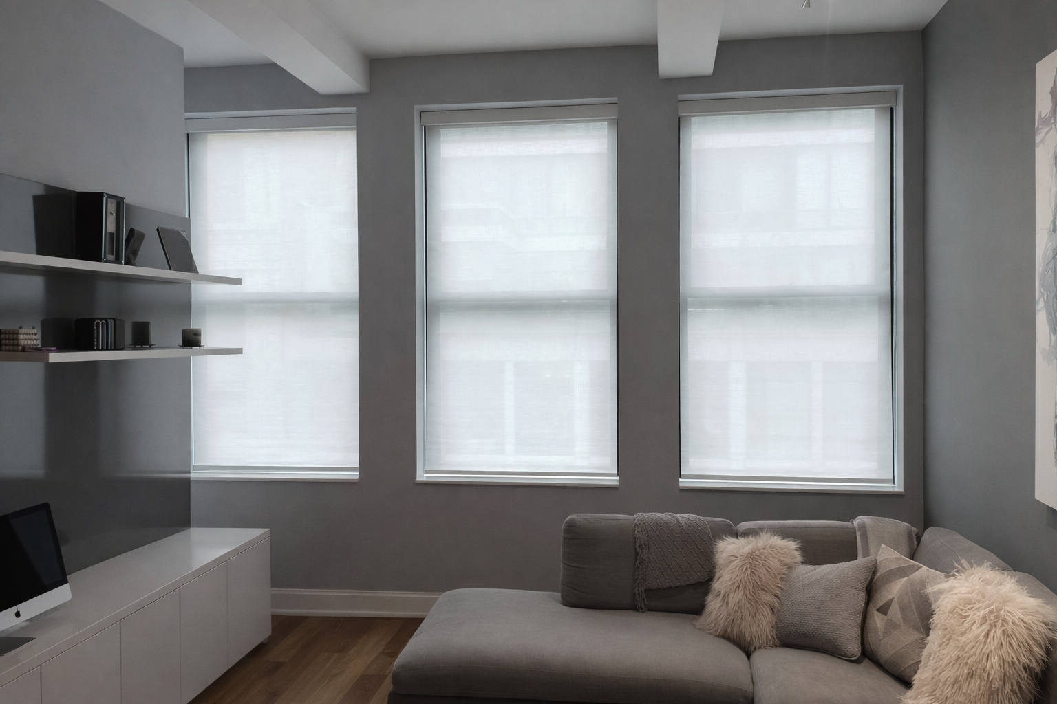 Modern living room with sheer roller shades filtering daylight, soft and elegant design.