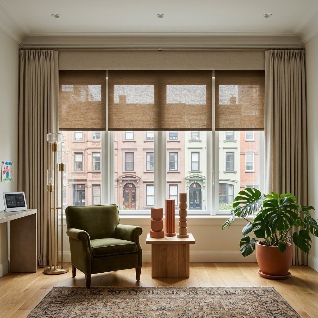 Custom bronze textured sheer roller shades partially drawn over large windows in a warm townhouse living room overlooking brownstone buildings.