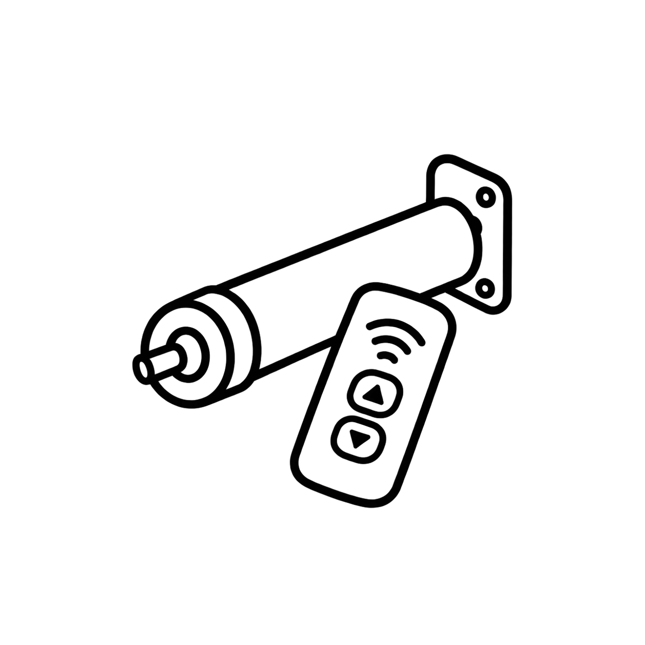 Motorized shade remote and hardware icon representing multi-brand roller shade motorization and controls